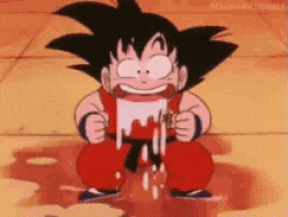 a cartoon character from dragon ball z is eating a piece of cake .