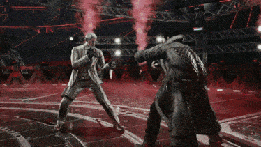 a man in a white suit is fighting another man in a black coat in a video game