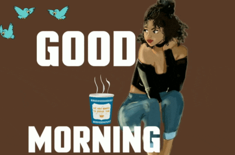 a woman sits next to a cup of coffee that says good morning on it