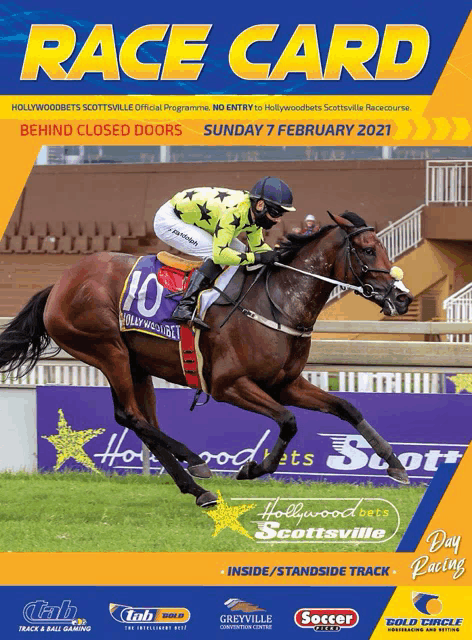 a race card for sunday 7 february 2021 shows a jockey riding a horse
