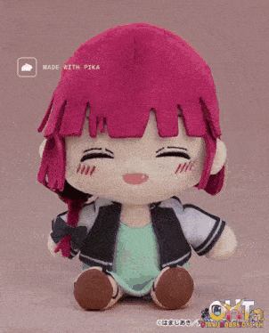 a stuffed doll with pink hair and a green shirt is made with pika
