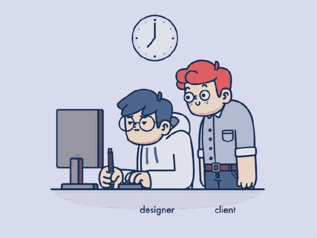 a cartoon of a designer and a client with a clock in the background