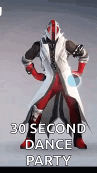 a man in a red and white costume is standing in front of a sign that says `` 30 second dance party '' .