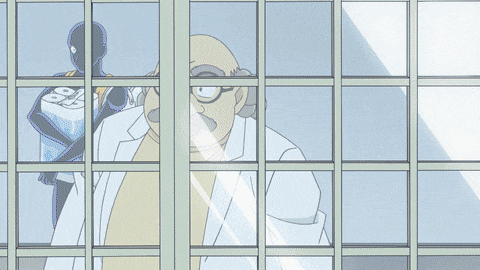 a cartoon character with glasses and a mustache looks out a window