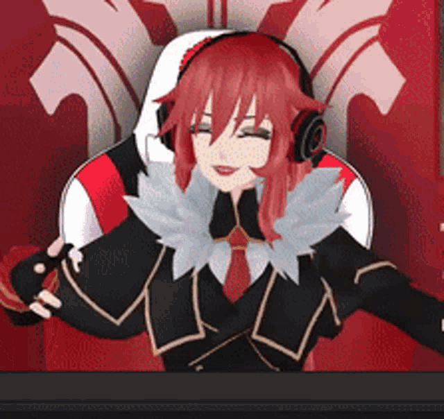 a girl with red hair and headphones is sitting in a chair with her eyes closed