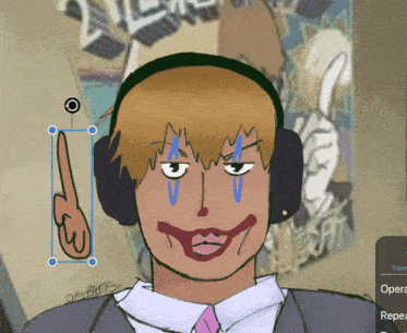 a drawing of a man wearing headphones and a clown face with tears on his face