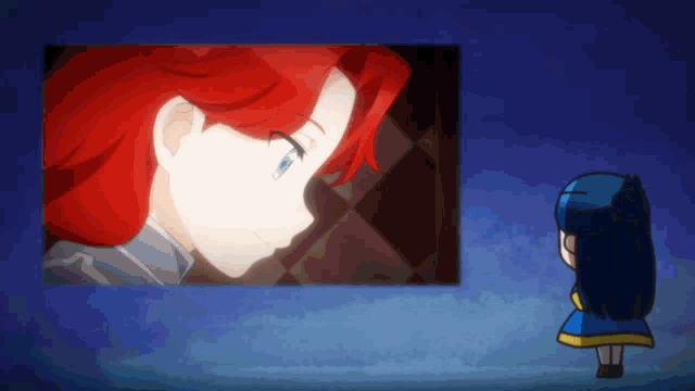 a girl with red hair and blue eyes looks at another girl with blue hair