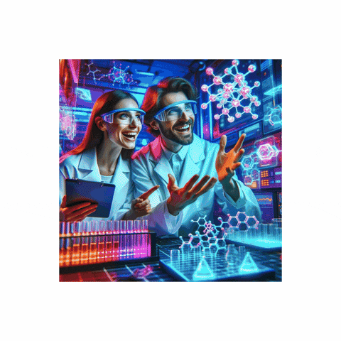 a man and a woman wearing lab coats and goggles are looking at a computer screen
