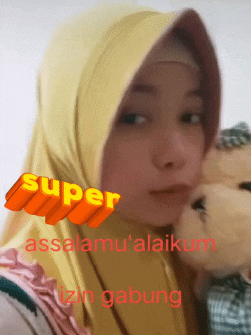 a woman wearing a yellow hijab with the words super assalaamu ' alaikum izn gabung