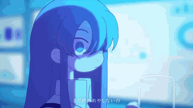 a cartoon of a girl with long blue hair holding a glass of water
