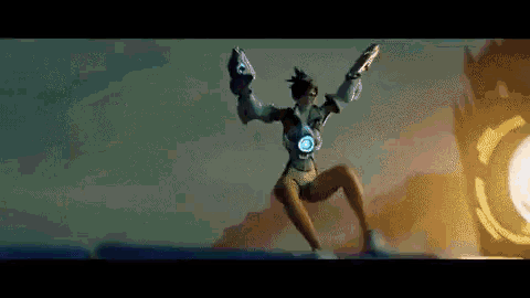 tracer from overwatch is holding two guns in her hands while dancing .