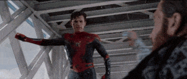 a man in a spiderman suit is standing next to a man in a black shirt .