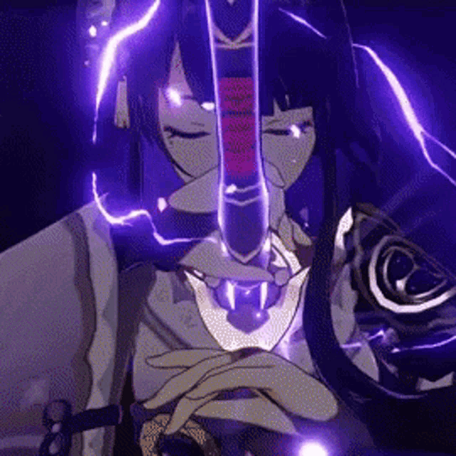 a close up of a person holding a sword with purple lightning coming out of it .