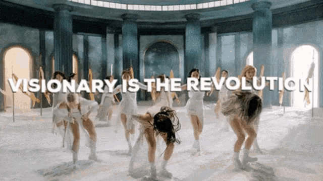 a group of women are dancing in a room with the words visionary is the revolution on the bottom