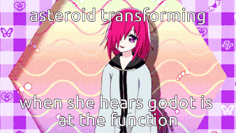 a picture of a girl with the words asteroid transforming when she hears godot at the function