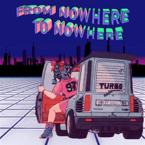 a cartoon of a girl getting out of a car with the words from nowhere to nowhere above her