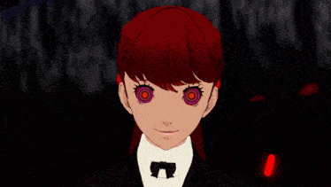 a girl with red hair and hypnotic eyes is smiling