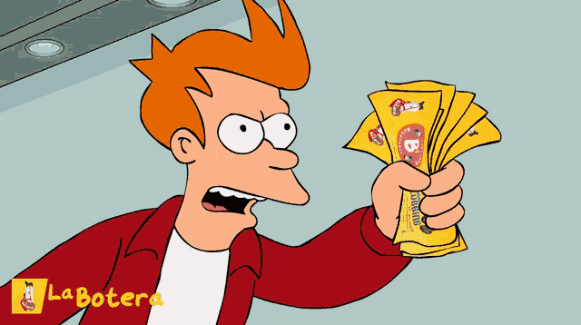 a cartoon character is holding up a bunch of money with the letter b on them