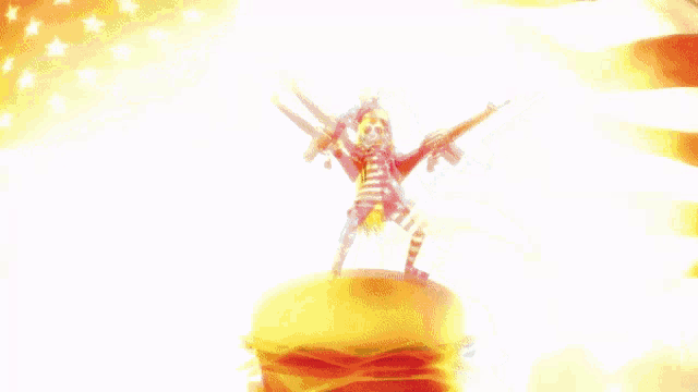 a cartoon character with guns on top of a hamburger