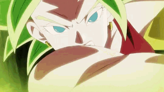 a close up of a cartoon character with green hair and a yellow jacket .