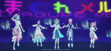 a group of anime characters are dancing on a stage in front of a neon sign with chinese writing .