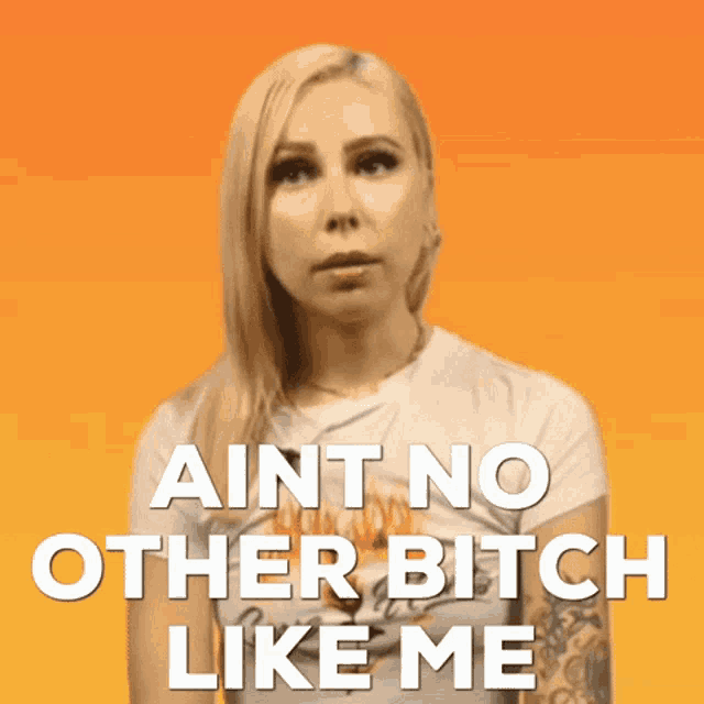 a woman says " aint no other bitch like me " in front of an orange background