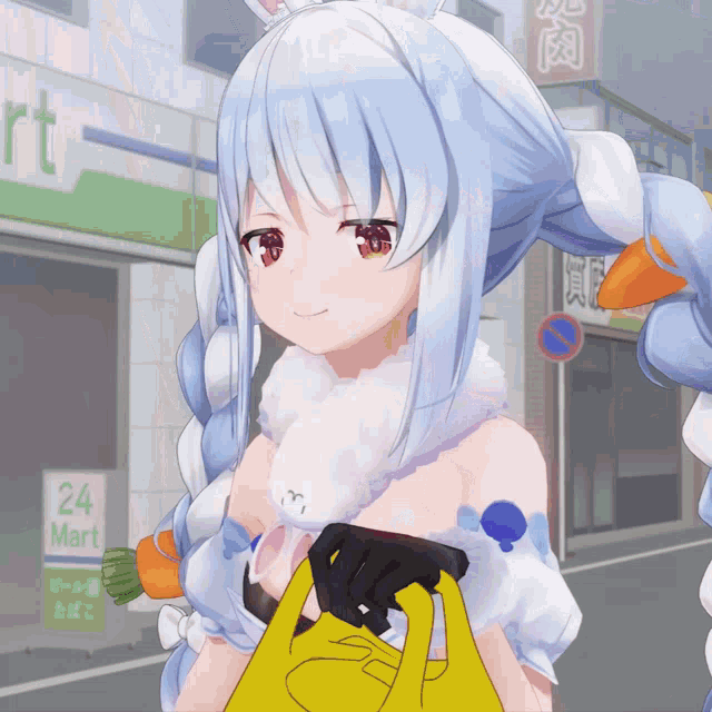a girl is standing in front of a 24 hour mart