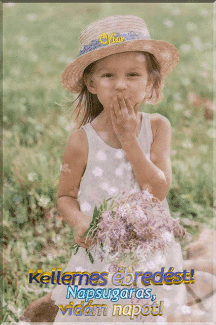 a little girl wearing a straw hat holds a bouquet of flowers and covers her mouth with her hand