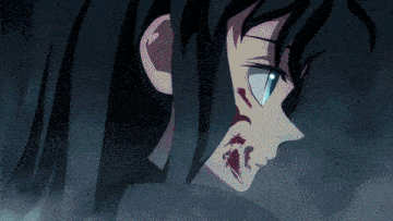 a close up of a cartoon character with blood on her face