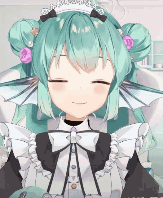a girl with green hair and a maid outfit is smiling
