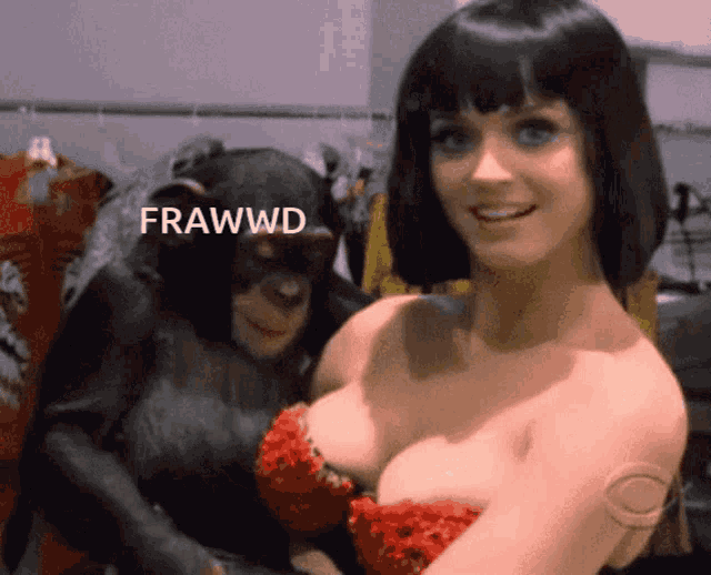 a woman in a red dress holds a chimpanzee with the words frawwd on the bottom