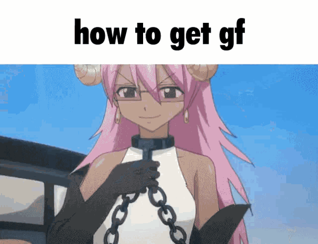 a picture of a girl with horns and the words " how to get gf " below her