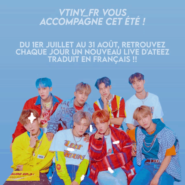 a group of young men posing for a picture with the words " vtiny_fr vous accompagne cet ete "
