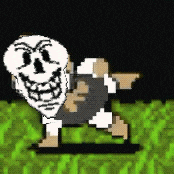 a pixel art of a skeleton standing in the grass with a black background .