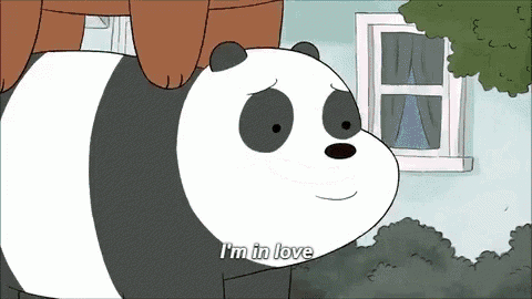 a cartoon panda bear says " i 'm in love " in front of a window