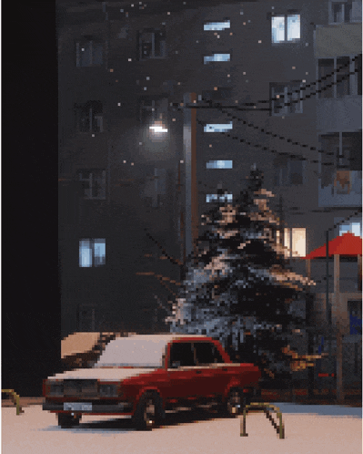 a red car is parked in front of a snowy building