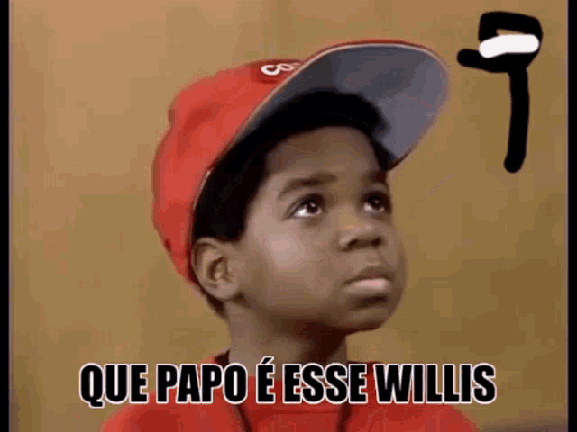 a young boy wearing a red hat and a red shirt with the words que papo e esse willis written on it .