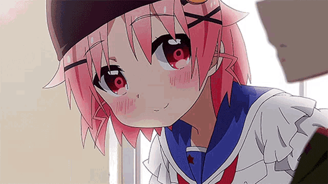 a girl with pink hair and red eyes is wearing a sailor uniform
