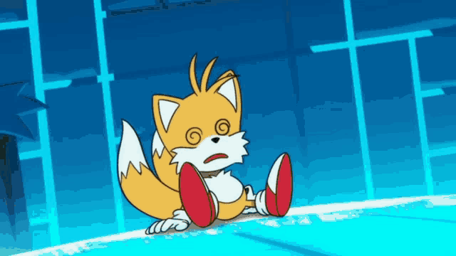 a cartoon fox is sitting on a blue surface