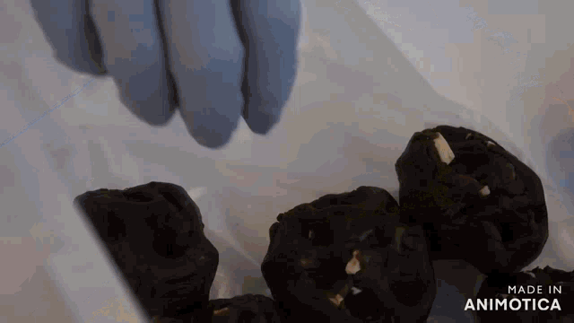 a close up of a person 's hand reaching into a bag of chocolates that are made in animatica