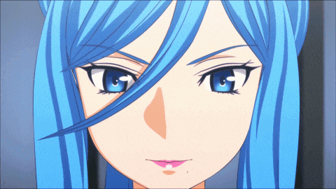 a close up of a girl with blue hair