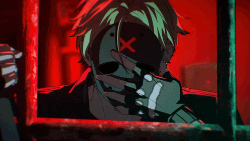 a man with green hair is looking out a window with a red background