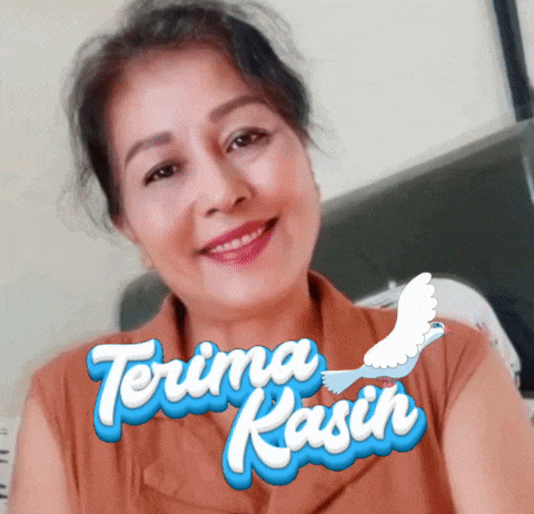 a woman is smiling with a sticker that says terima kasih