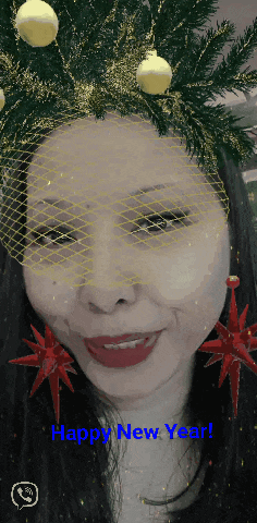 a woman with christmas decorations on her head and the words happy new year below her