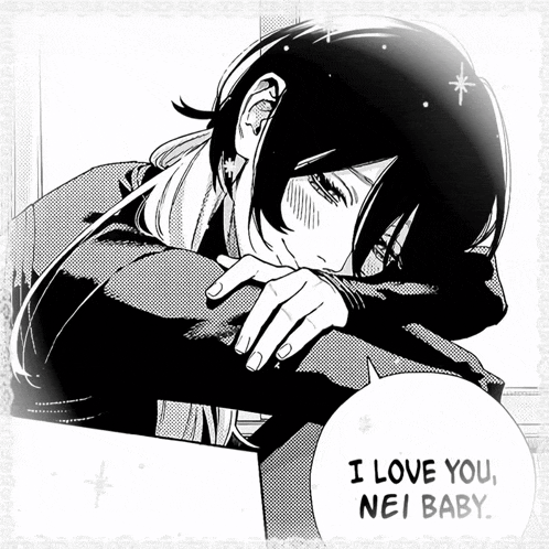 a black and white drawing of a girl with the words i love you nei baby