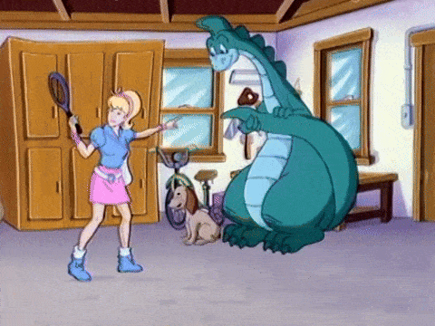 a cartoon of a girl holding a tennis racket and a dragon