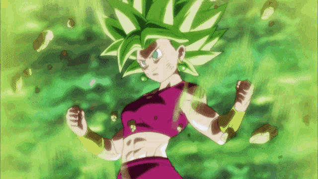 a girl with green hair and a purple top