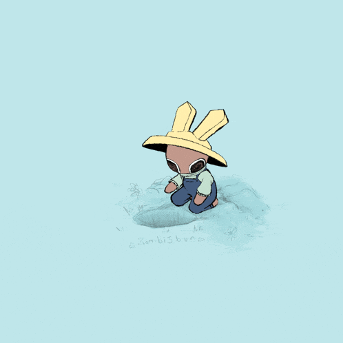 a drawing of a rabbit wearing overalls and a hat with a hole in the middle of it