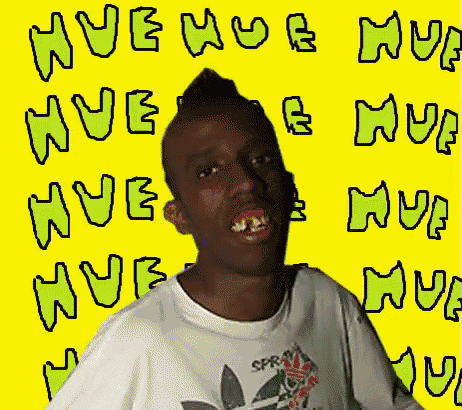 a man wearing an adidas shirt stands in front of a yellow background that says hue