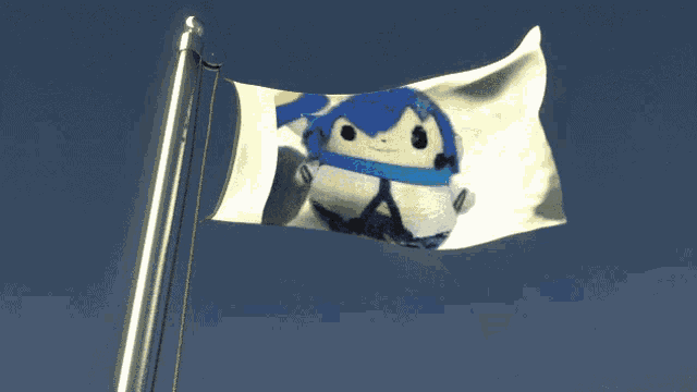 a stuffed animal with blue hair is on a white flag